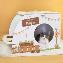 Personalisiertes clipfritz Katzenhaus aus Holz mit Futterstation & Kissen | Geschenk für Katzen