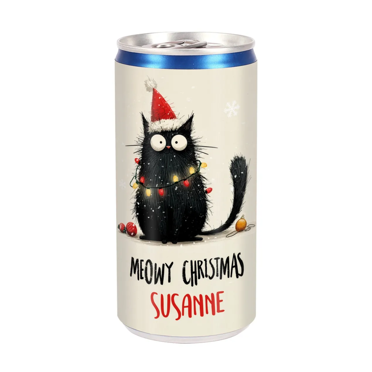 Personalisierte Secco-Dose 'Meowy Christmas' mit Katze & Name | Lustiges Geschenk zu Weihnachten