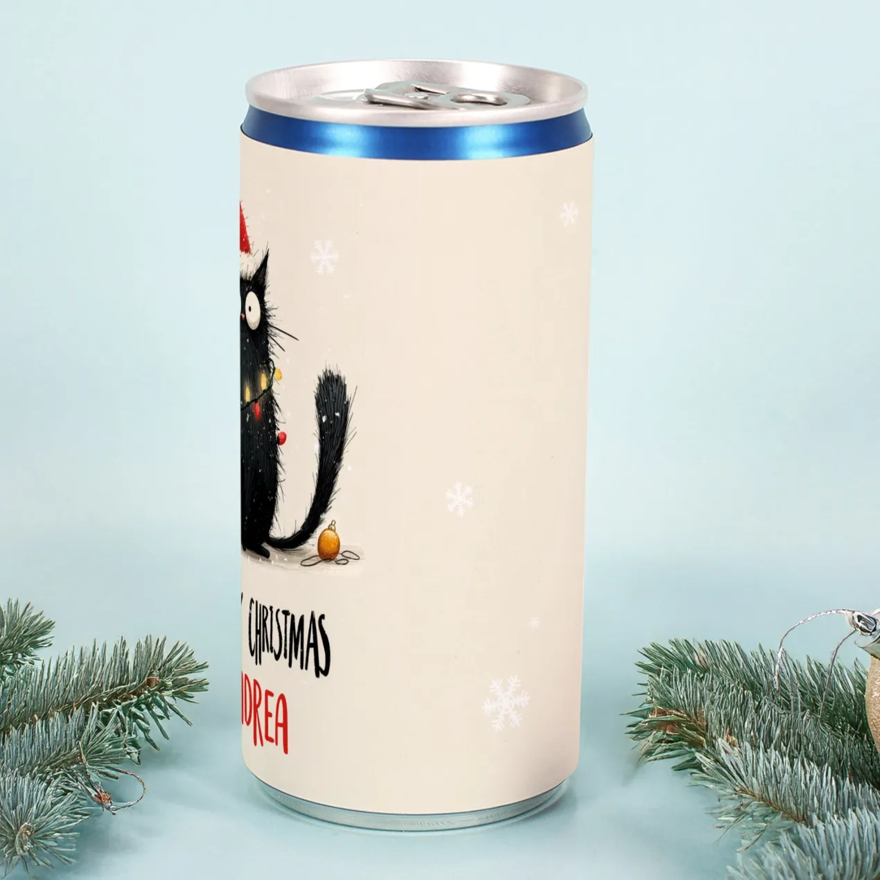 Personalisierte Secco-Dose 'Meowy Christmas' mit Katze & Name | Lustiges Geschenk zu Weihnachten