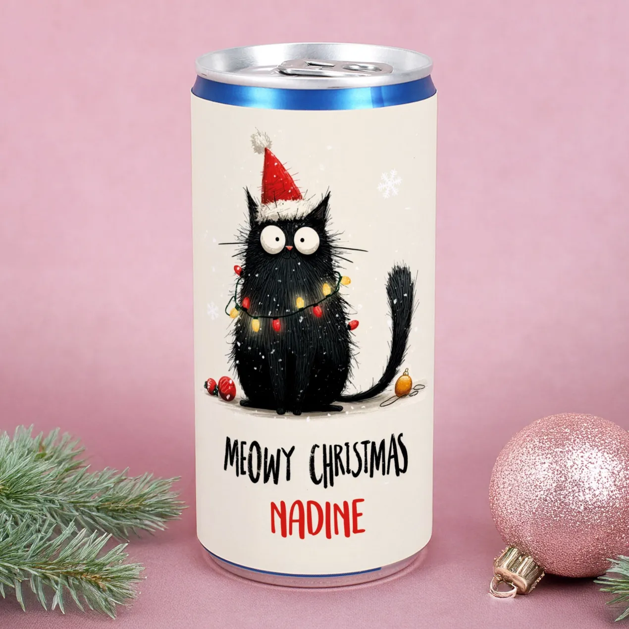 Personalisierte Secco-Dose 'Meowy Christmas' mit Katze & Name | Lustiges Geschenk zu Weihnachten