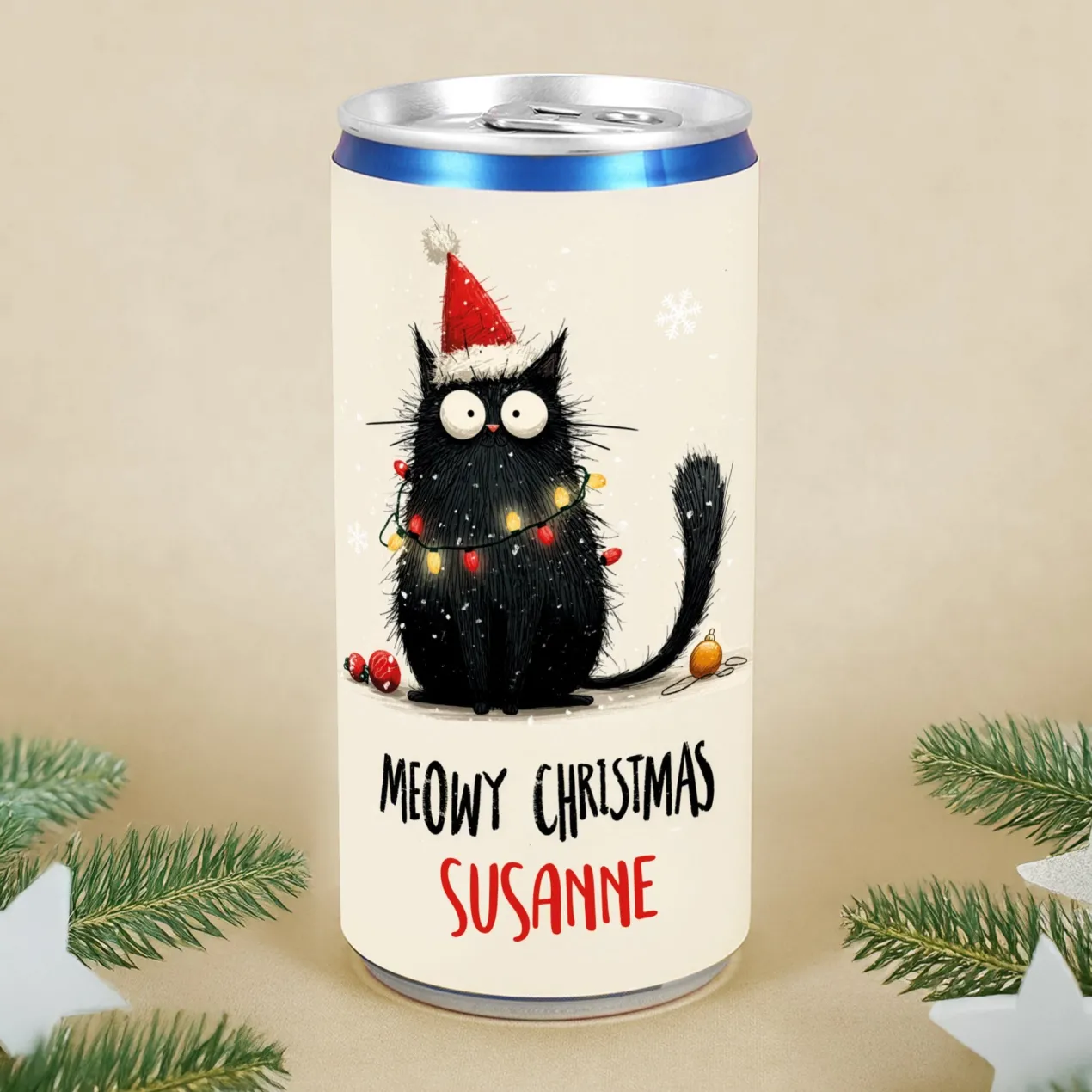 Personalisierte Secco-Dose 'Meowy Christmas' mit Katze & Name | Lustiges Geschenk zu Weihnachten