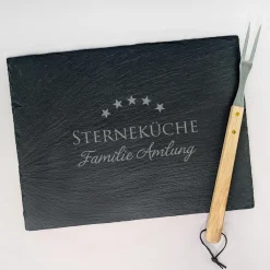 Personalisierte Servierplatte aus Schiefer mit Name | Rechteckig | Sterneküche-Motiv