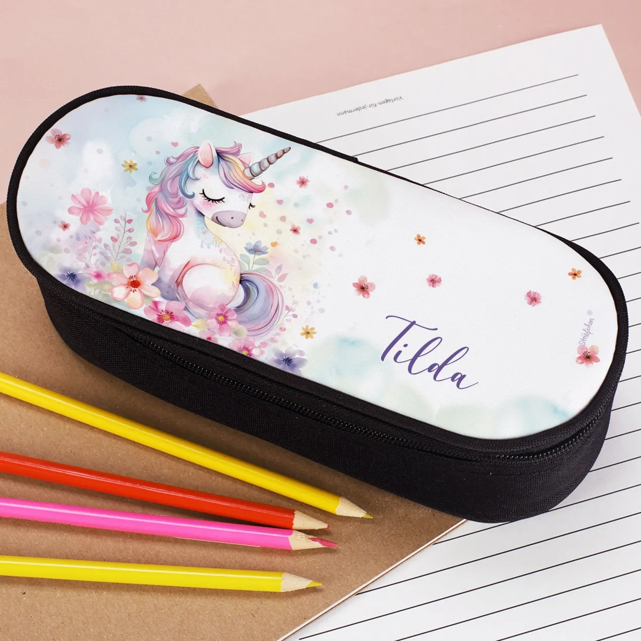 Personalisiertes Federmäppchen mit Name und Einhorn Motiv für Mädchen | Stiftebox & Etui