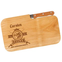 Personalisiertes Frühstücksbrettchen mit Anglermotiv & Name | Holzbrettchen mit Messer für Angler