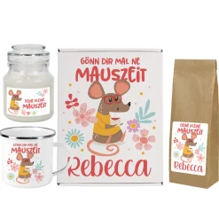 Personalisiertes Geschenkset mit Tasse, Tee und Duftkerze | Kleine Mauszeit