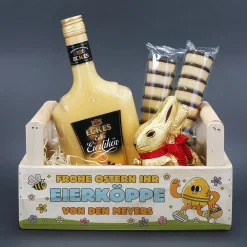 Personalisiertes Geschenkset zu Ostern mit Lindt Goldhase & Eierlikör im Holzkorb 'ihr Eierköppe'