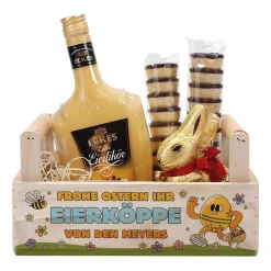 Personalisiertes Geschenkset zu Ostern mit Lindt Goldhase & Eierlikör im Holzkorb 'ihr Eierköppe'