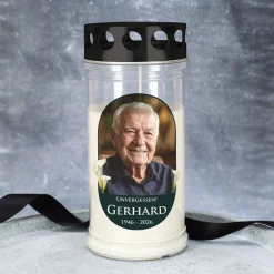 Personalisiertes Grablicht mit Foto, Wunschtext, Name & Datum | 2 Größen | Calla-Motiv