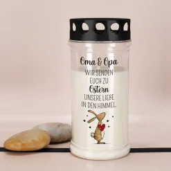 Personalisiertes Grablicht zu Ostern mit Wunschtext | Trauerkerze 'Wir senden Liebe in den Himmel'