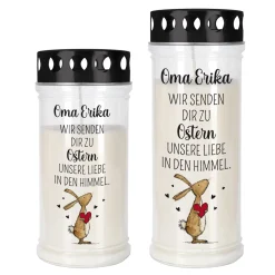 Personalisiertes Grablicht zu Ostern mit Wunschtext | Trauerkerze 'Wir senden Liebe in den Himmel'