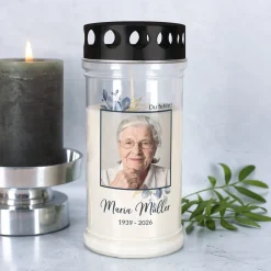 Personalisiertes Grablicht mit Foto, Name & Datum | 2 Größen