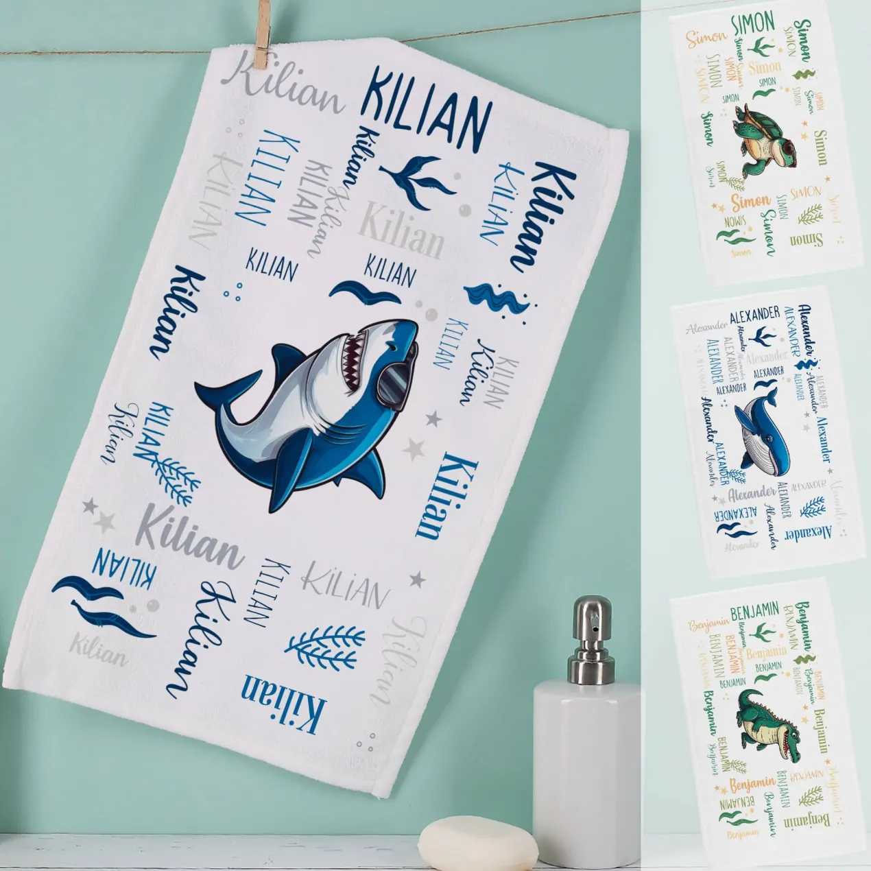 Personalisiertes Handtuch mit coolem Meerestier-Motiv und Namen