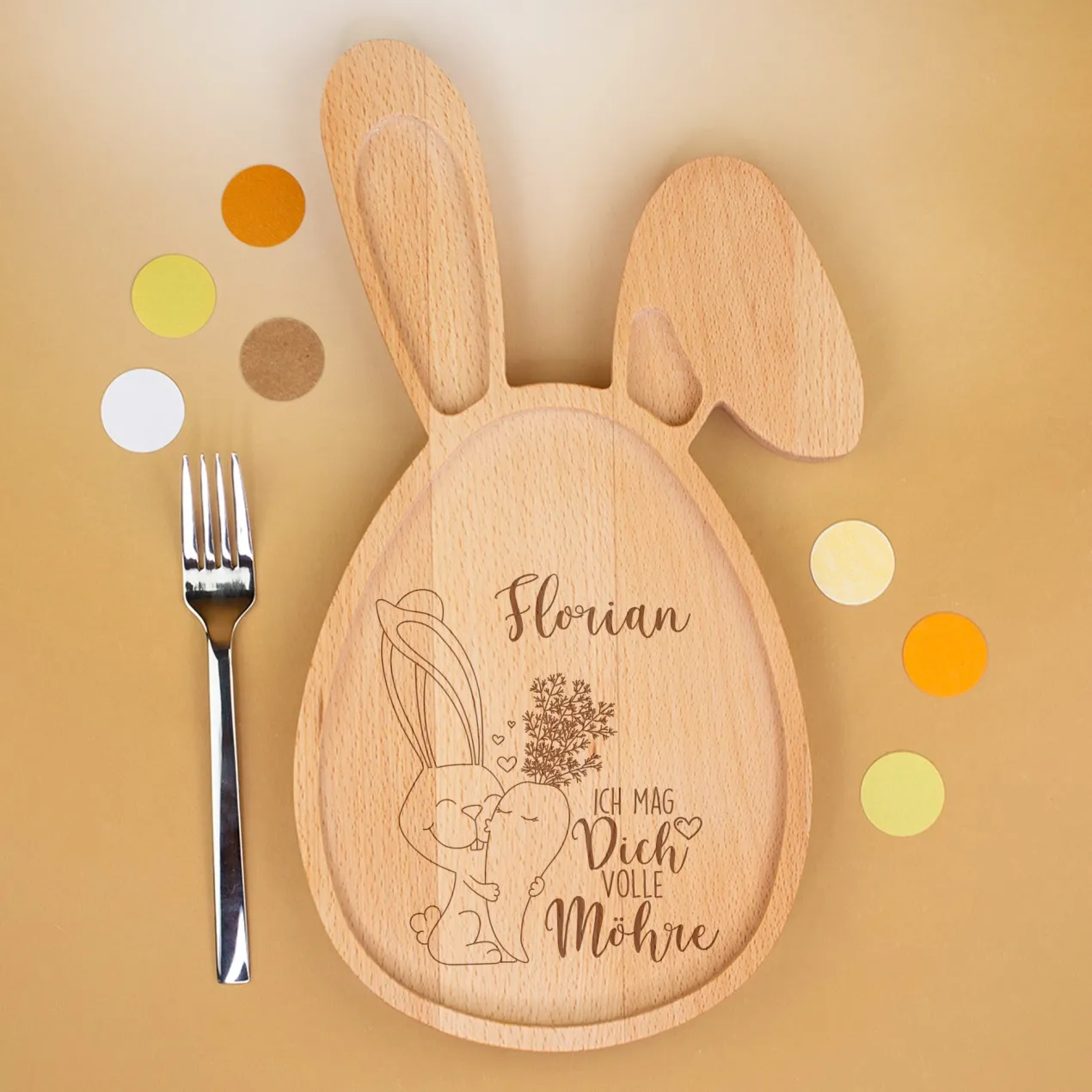 Personalisiertes Holzbrettchen in Hasen-Form 'Ich mag dich volle Möhre' | Ostergeschenk mit Liebe
