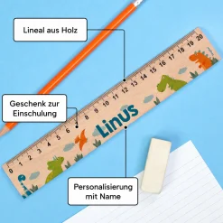Personalisiertes Holz Lineal für Jungen mit Name | 20 cm | Dinosaurier Motiv