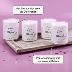 Personalisiertes Kerzen Set zur Hochzeit | 4 Motivkerzen mit Namen & Datum als Dekoration