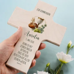 Personalisiertes Kreuz für kirchliche Feste | Ahornholz | Taufe, Kommunion, Firmung, Konfirmation