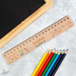 Personalisiertes Lineal aus Holz mit Name & Wunschtext | 20 cm | Schulsachen Motiv
