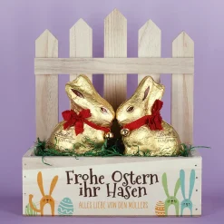 Personalisiertes Osterkörbchen mit 2 Lindt Goldhasen | Osterkorb 'Frohe Ostern ihr Hasen' mit Wunschtext