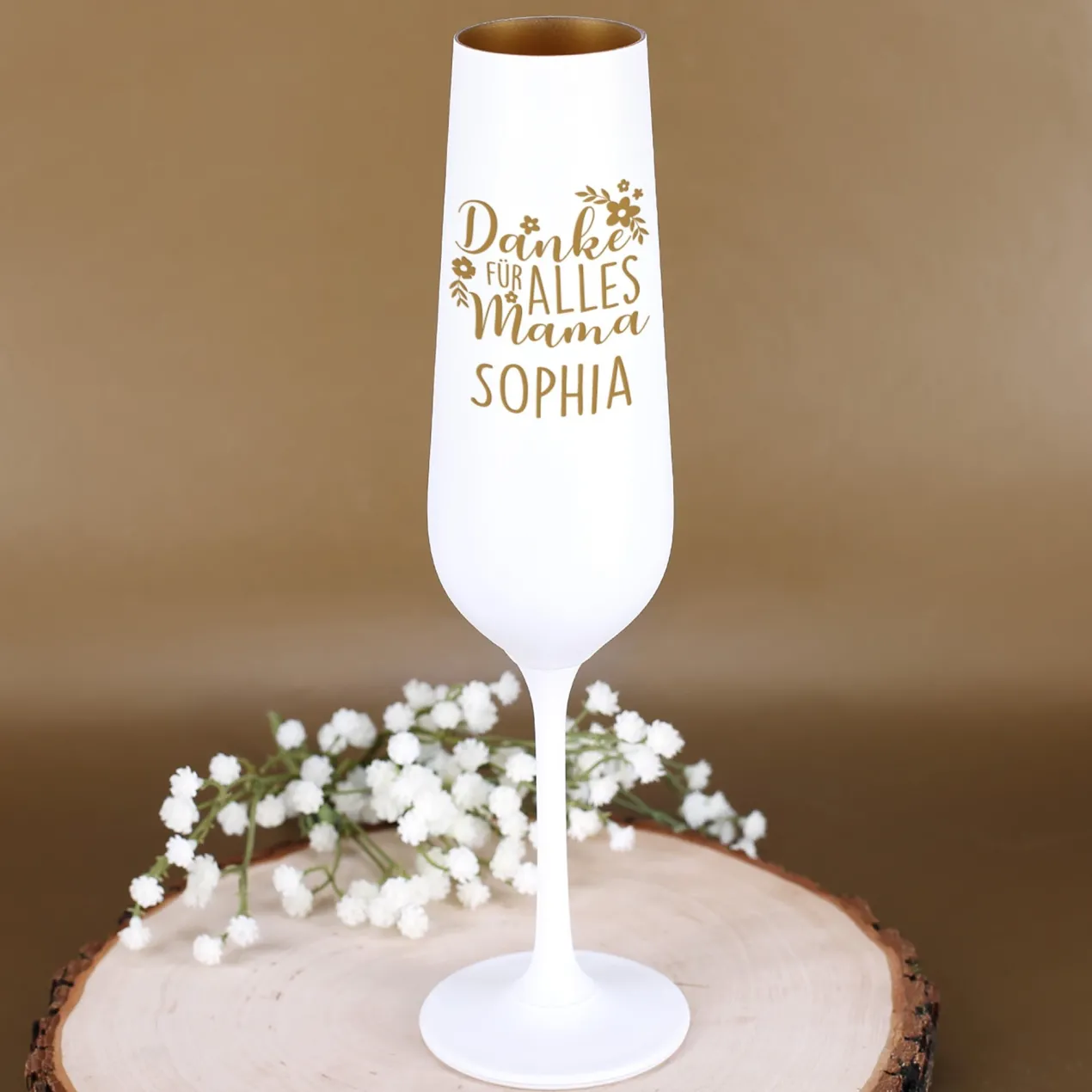 Personalisiertes Sektglas graviert mit Name zum Muttertag oder Geburtstag | Weiß-Gold | Danke Mama