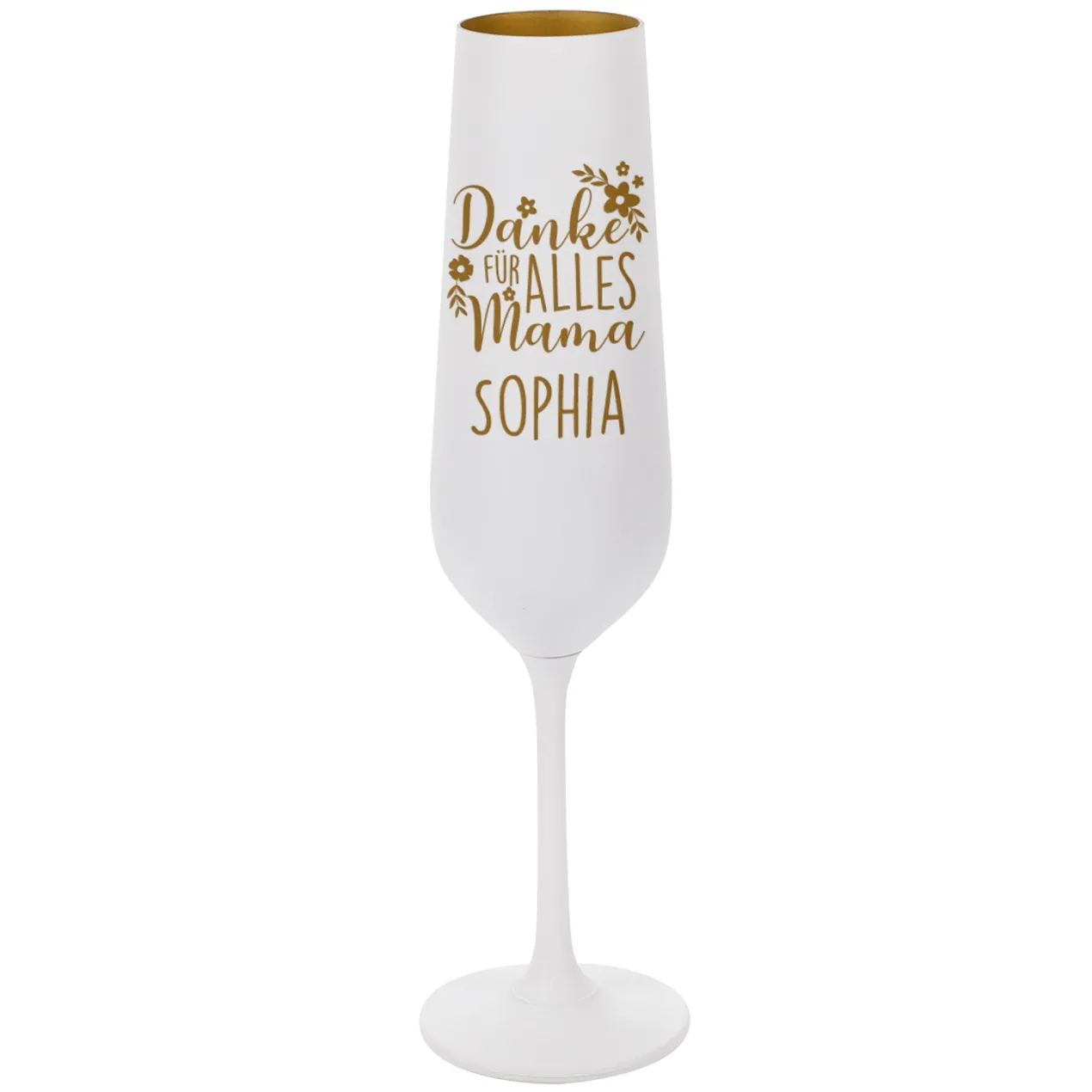 Personalisiertes Sektglas graviert mit Name zum Muttertag oder Geburtstag | Weiß-Gold | Danke Mama
