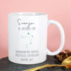 Personalisierte Sternzeichen Tasse mit Name und Datum