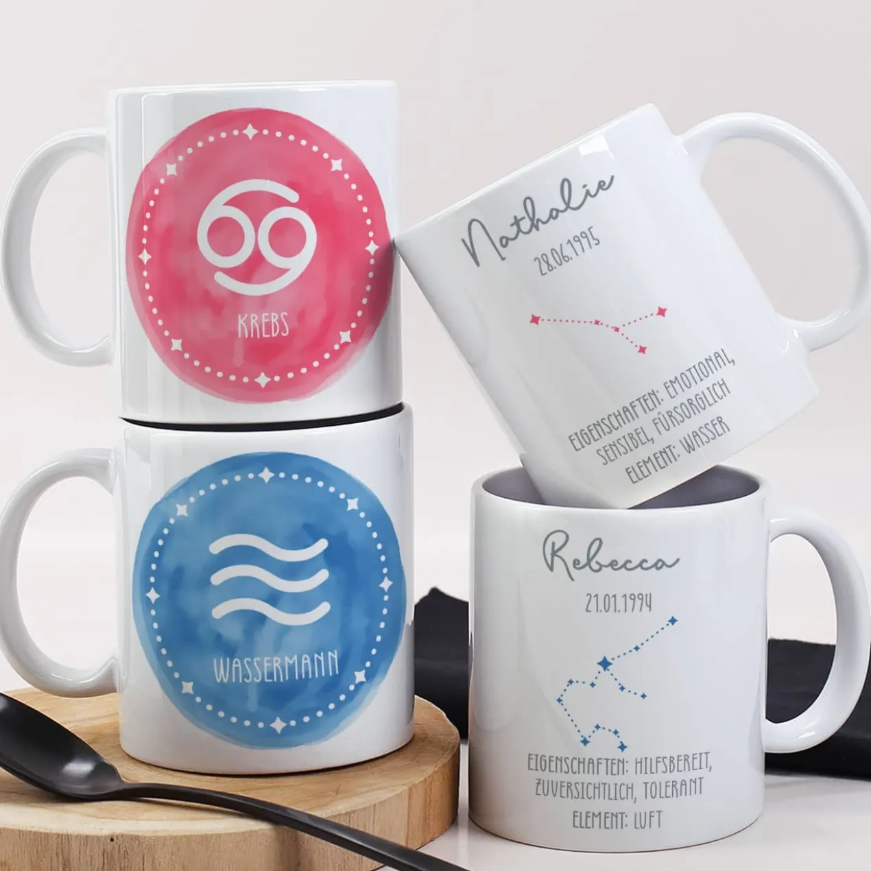 Personalisierte Sternzeichen Tasse mit Name und Datum