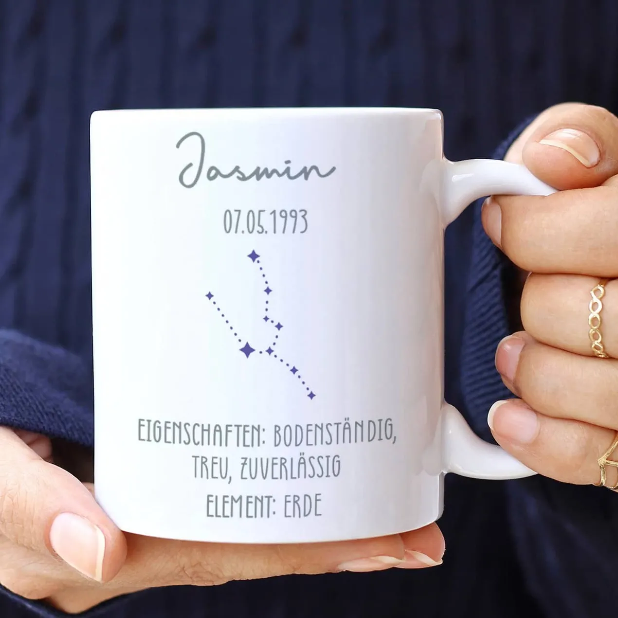 Personalisierte Sternzeichen Tasse mit Name und Datum