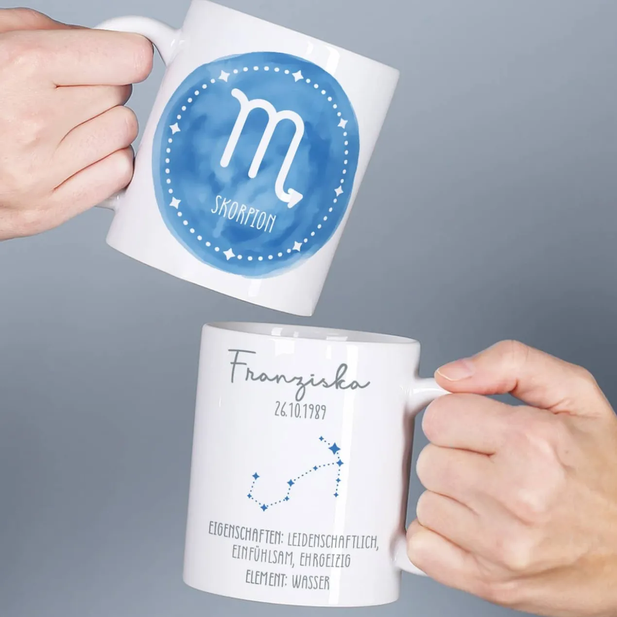 Personalisierte Sternzeichen Tasse mit Name und Datum