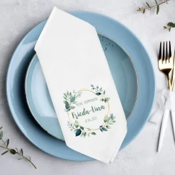 Personalisierte Stoffserviette mit Name & Datum für Taufe, Kommunion, Konfirmation | Eukalyptus Motiv