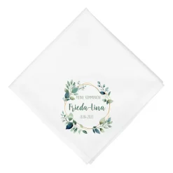 Personalisierte Stoffserviette mit Name & Datum für Taufe, Kommunion, Konfirmation | Eukalyptus Motiv