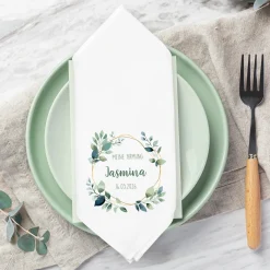 Personalisierte Stoffserviette mit Name & Datum für Taufe, Kommunion, Konfirmation | Eukalyptus Motiv