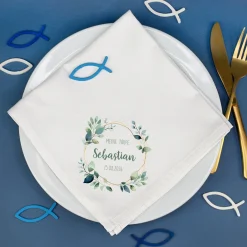 Personalisierte Stoffserviette mit Name & Datum für Taufe, Kommunion, Konfirmation | Eukalyptus Motiv