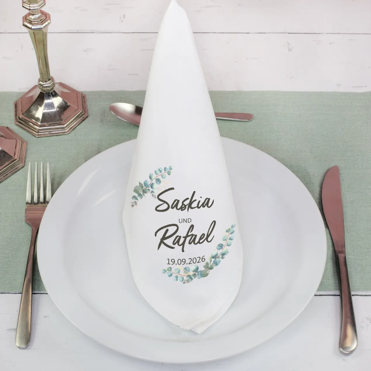 Personalisierte Stoffserviette zur Hochzeit mit Eukalyptus, Namen & Datum | Hochzeitsdeko 45x45cm