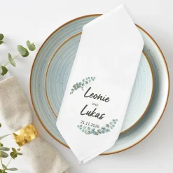 Personalisierte Stoffserviette zur Hochzeit mit Eukalyptus, Namen & Datum | Hochzeitsdeko 45x45cm