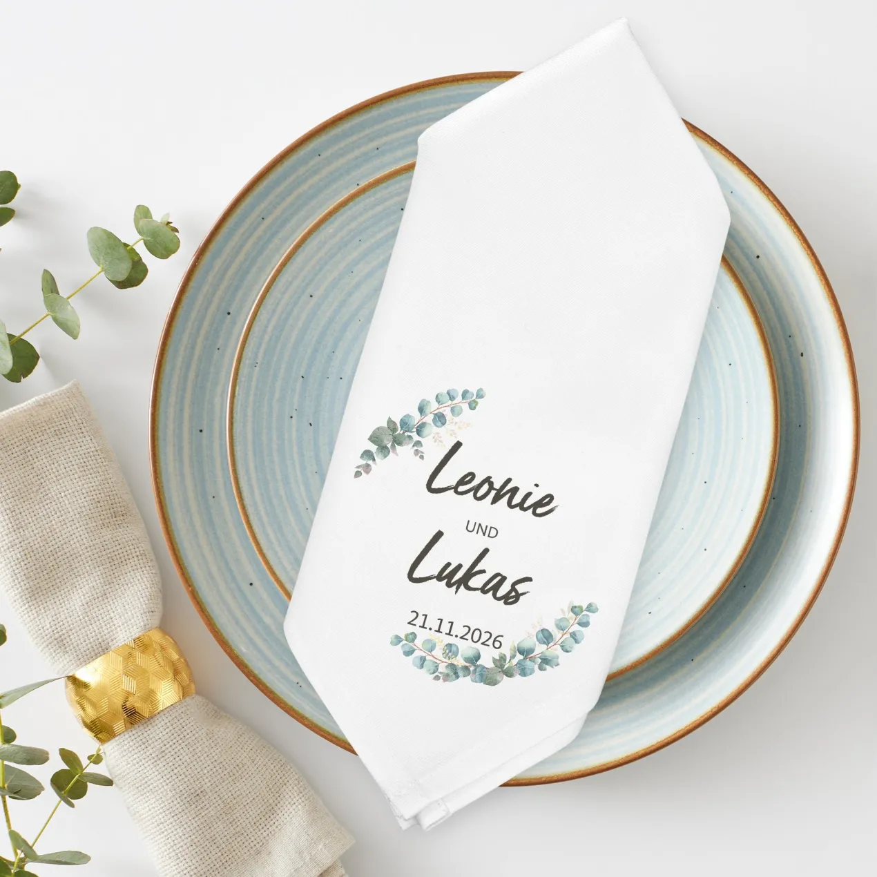 Personalisierte Stoffserviette zur Hochzeit mit Eukalyptus, Namen & Datum | Hochzeitsdeko 45x45cm