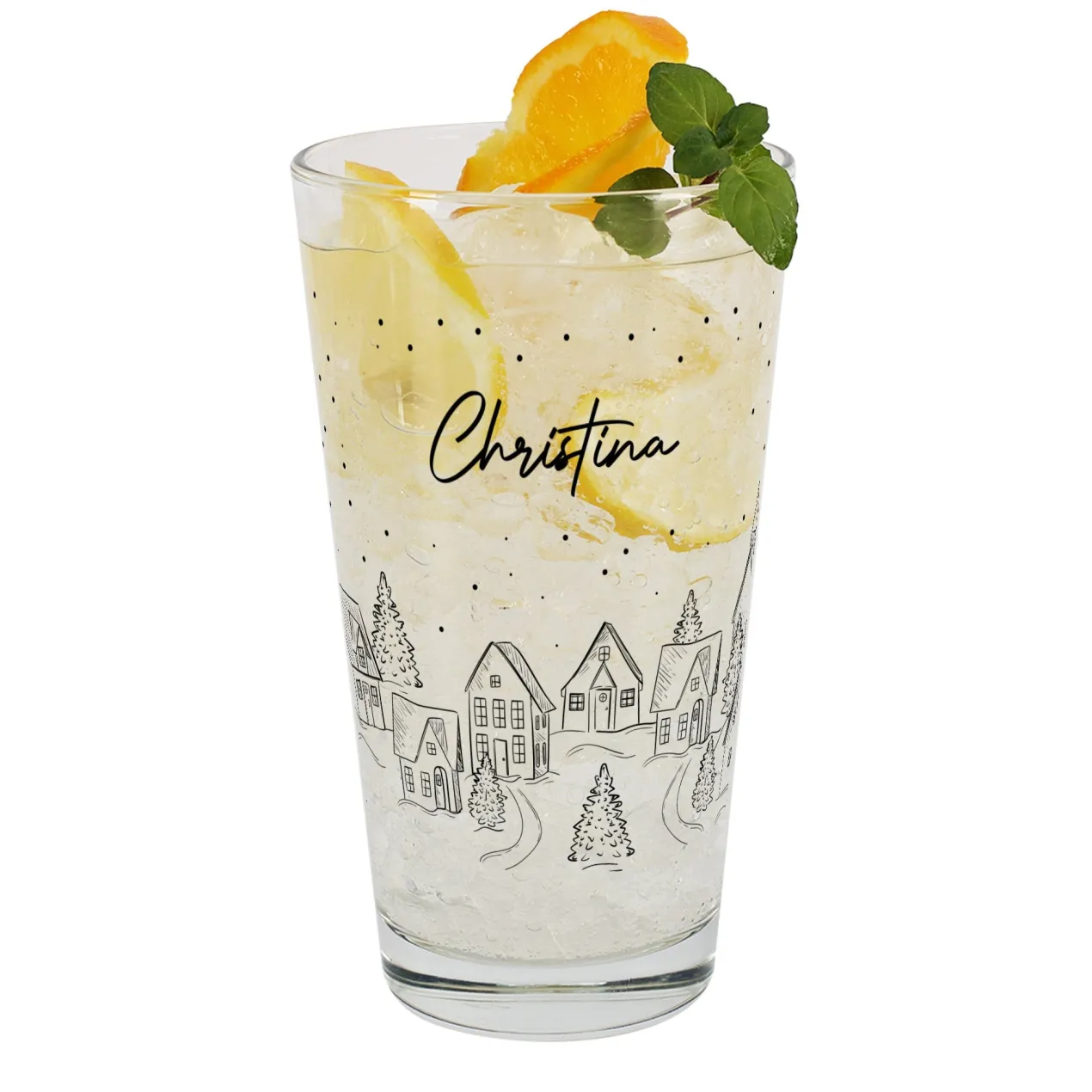 Personalisiertes Trinkglas mit Name und verschneiter Stadt | Geschenk zu Weihnachten | 300 ml