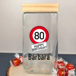 Personalisiertes Vorratsglas zum Geburtstag mit Verkehrszeichenoptik | Keksdose mit Bambusdeckel