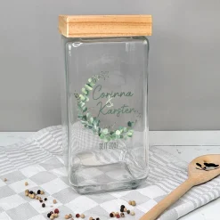 Personalisiertes Vorratsglas mit Eukalyptusmotiv zur Hochzeit | Keksdose mit Bambusdeckel