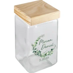 Personalisiertes Vorratsglas mit Eukalyptusmotiv zur Hochzeit | Keksdose mit Bambusdeckel
