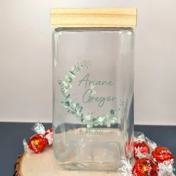 Personalisiertes Vorratsglas mit Eukalyptusmotiv zur Hochzeit | Keksdose mit Bambusdeckel