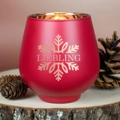 Personalisiertes Windlicht zu Weihnachten graviert mit Wunschtext & Schneeflocke in Rot oder Grün