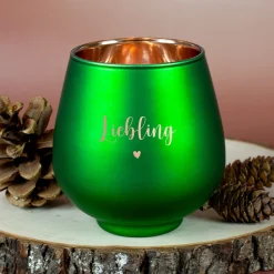 Personalisiertes Windlicht zu Weihnachten graviert mit Name & Herzmotiv in Rot oder Grün