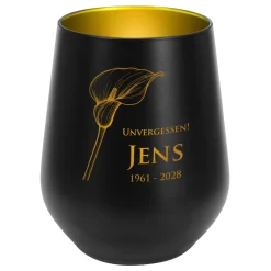 Personalisiertes Windlicht als Trauerkerze mit Gravur und Calla-Motiv | Weiß & Schwarz