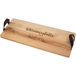 Personalisiertes XL Servierbrett 'Schlemmerplatte' aus Buchenholz mit Ledergriffen - graviert mit Name