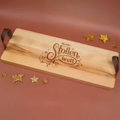 Personalisiertes XL Servierbrett für Weihnachtsstollen mit Name graviert | Buchenholz mit Ledergriffe