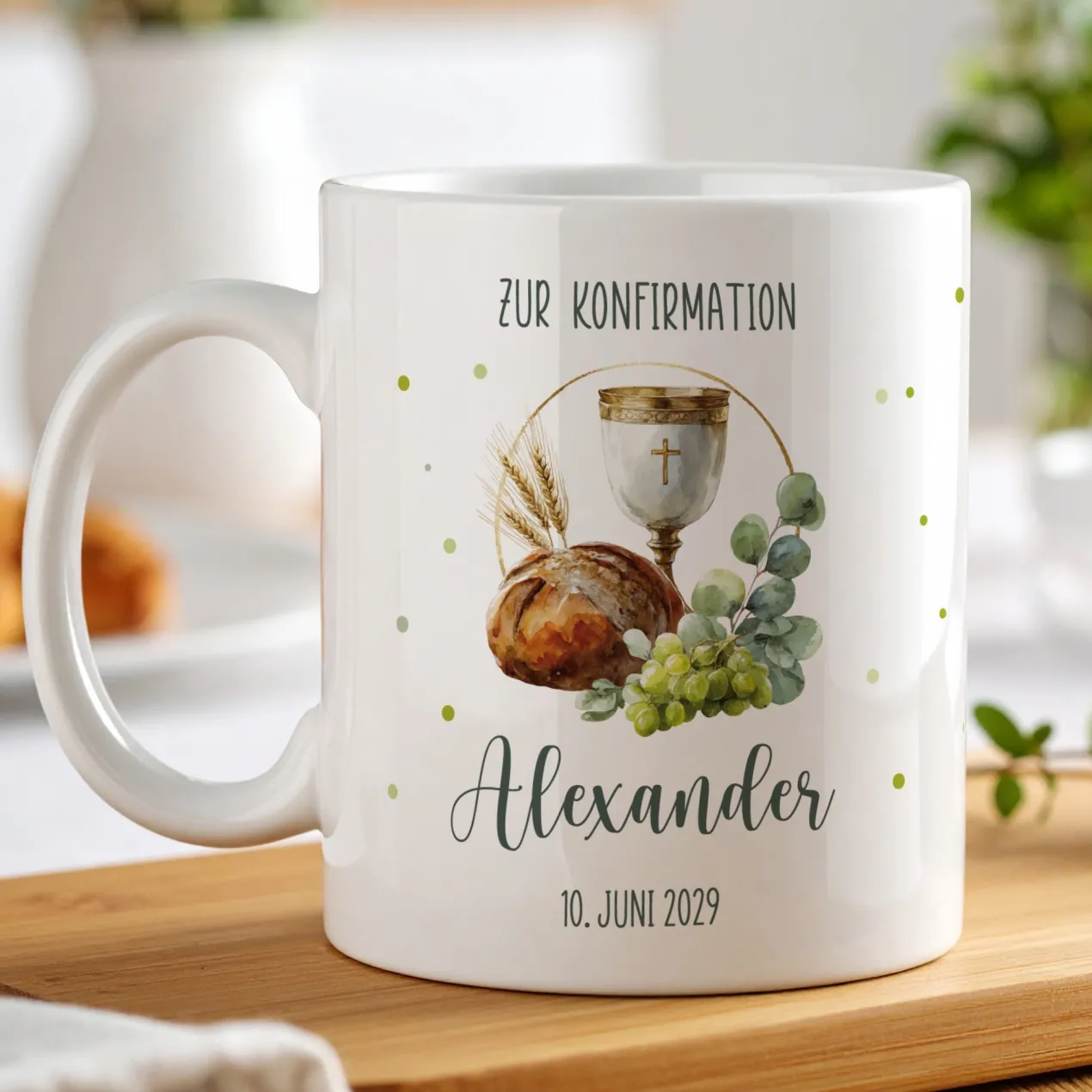 Personalisierte Tasse mit Kelch & Brot – Geschenk zur Taufe, Kommunion, Konfirmation und Firmung