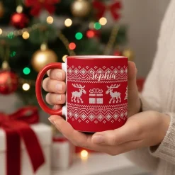 Personalisierte Tasse mit Name zu Weihnachten | Weihnachtstasse in Strick-Optik