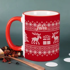 Personalisierte Tasse mit Name zu Weihnachten | Weihnachtstasse in Strick-Optik
