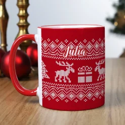 Personalisierte Tasse mit Name zu Weihnachten | Weihnachtstasse in Strick-Optik