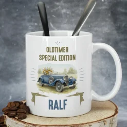 Personalisierte Tasse mit Oldtimer Motiv aus Keramik | Geschenk zum Geburtstag & Vatertag